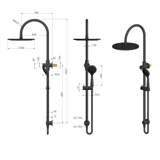 Meir Gooseneck Shower Set with 300mm rose, Three-Function Hand Shower Matte Black